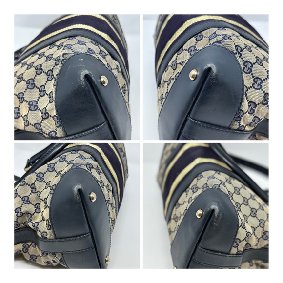 Gucci Vintage Blue & Gold Canvas & Leather Satchel . NO CROSSBODY STRAP. - Picture 8 of 13
